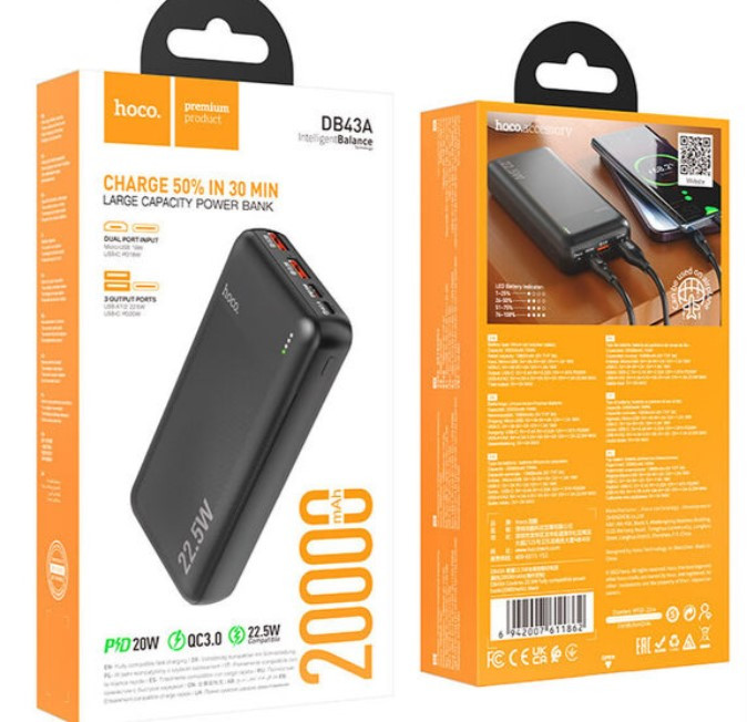 Внешний аккумулятор HOCO DB43A Coolmix , 2USB, PD20w, 20000 мАч