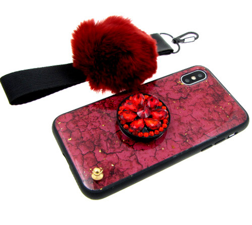 Накладка для Apl IPh 6/6S, Имитация мрамора с попсокетом и ремешок на руку с пушистиком, Рубин