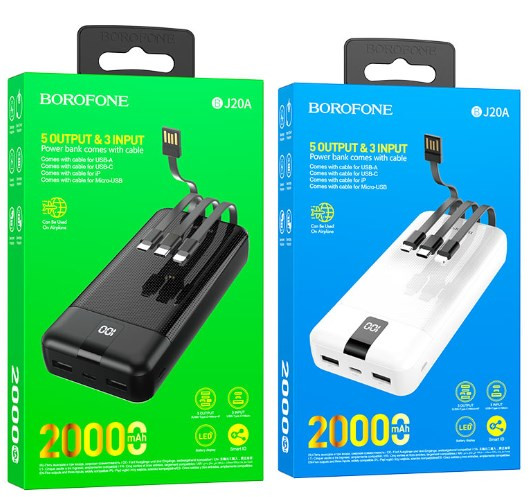 Внешний аккумулятор BOROFONE BJ20A, 20000 mAh со встр. каб. micro+ iPh+Type-C, 2 USB