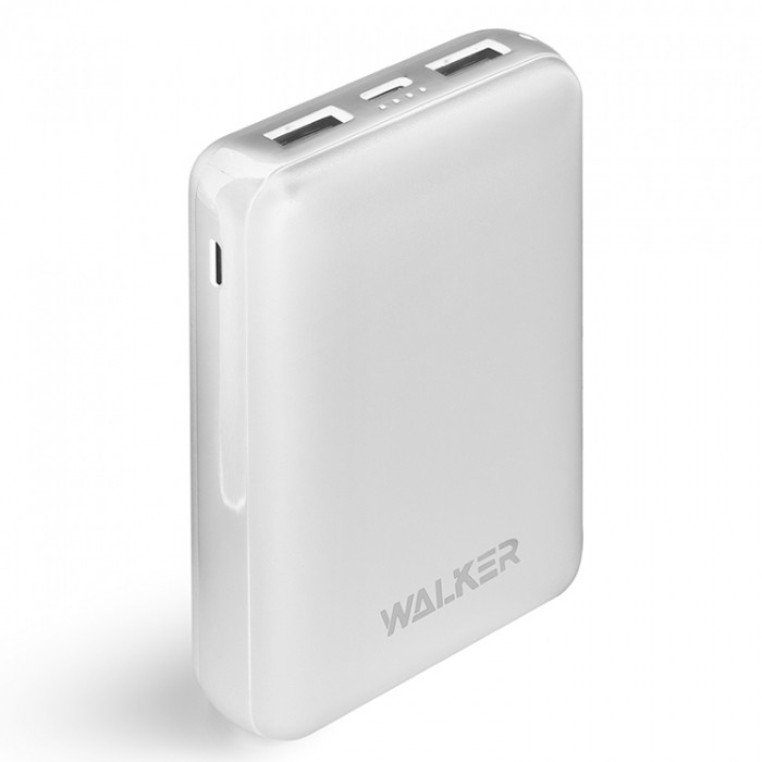 Внешний аккумулятор Walker WB-310, 10000 mAh, Li-Pol, 2.1A вх/вых, USBx2, microUSB, Type-C, пластик, белое