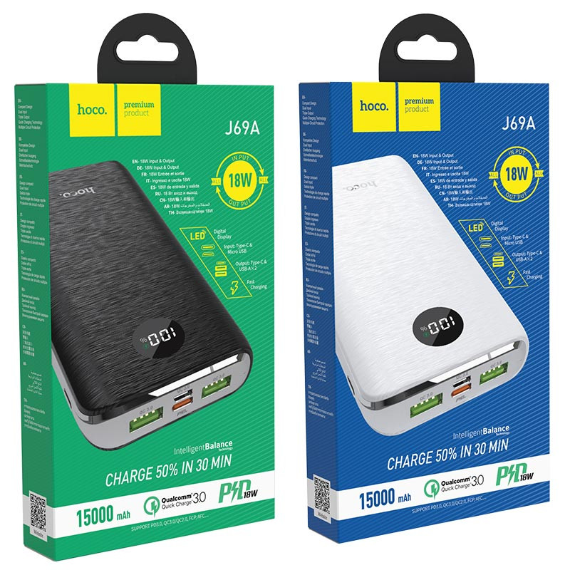 Внешний аккумулятор HOCO J69A 15000 mAh 2 USB, micro USB, Type-C, Lightning