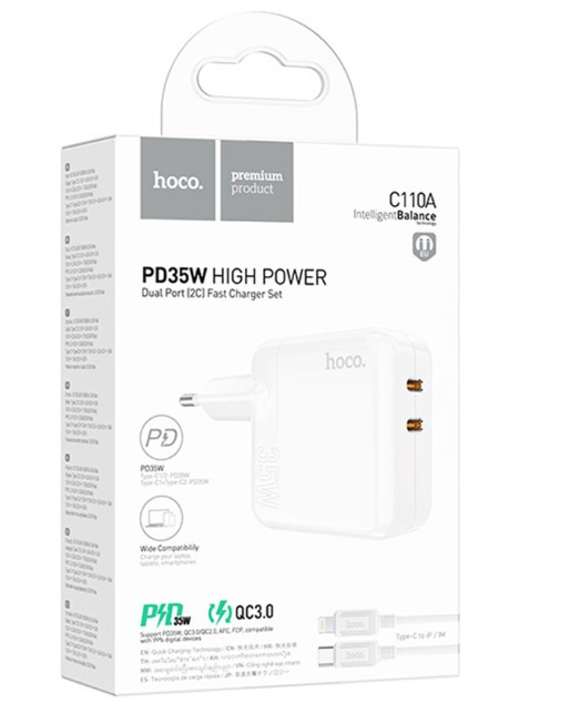 СЗУ HOCO C110A, Lucky 2USB-C с rабелем Type-C на Lightning, 3.0A, PD35W,