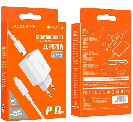 СЗУ BOROFONE BA38A Plus Speedy 1USB C PD 20W, 3A с кабелем Lightning , 1м