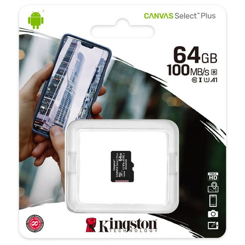 Карта памяти 64Gb MicroSDHC Kingston, Canvas Select Plus, Class10, 100Mb/s, без адаптера