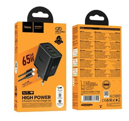 СЗУ Hoco N75 Grande 65W 1USB 2 Type C с кабелем Type C на Type C