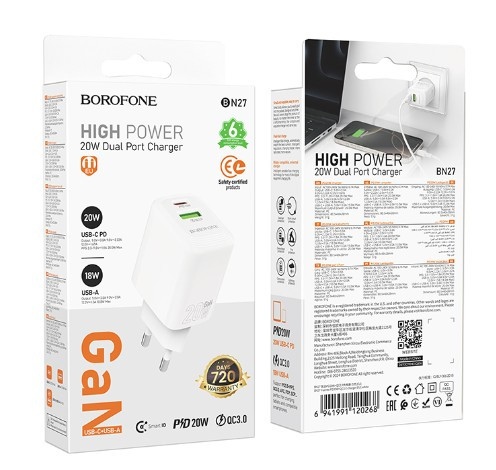 СЗУ BOROFONE BN27 Fuente 1USB, 1USB-C, 3A, 20W