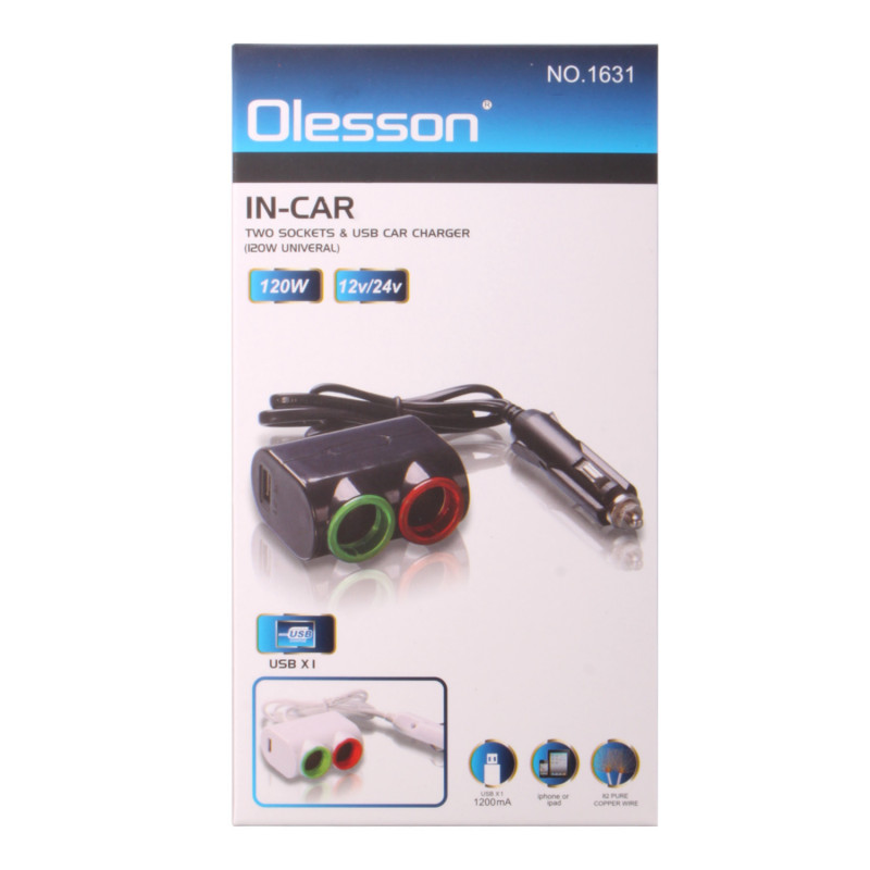 Переходник в прикуриватель (1631) на 2 ЗУ, 1 USB, Olesson