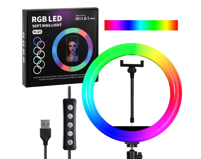 Лампа светодиодная кольцевая c пультом для съемки цветная диаметр 26см, без штатива