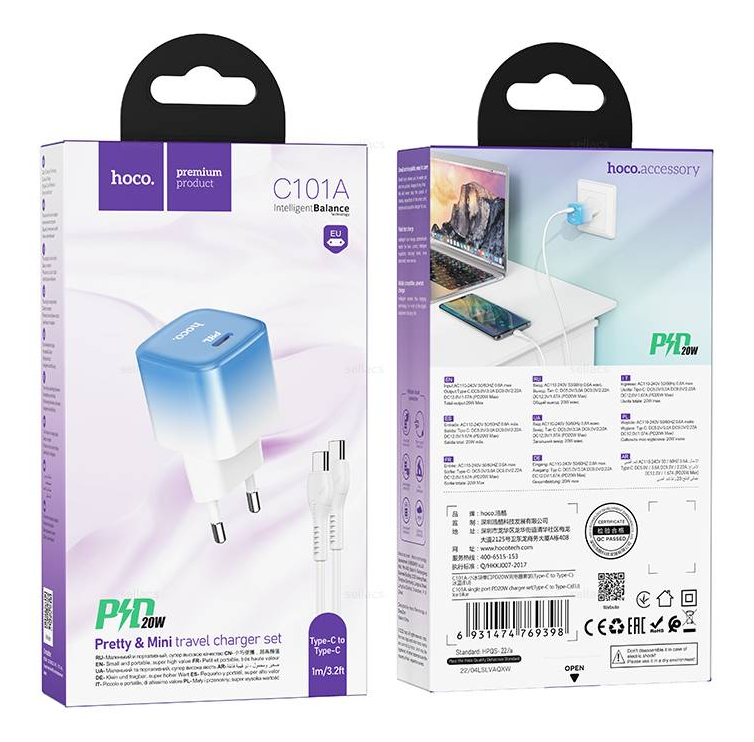 СЗУ HOCO C101A 20W PD + QC3.0 1USB с кабелем Type-c