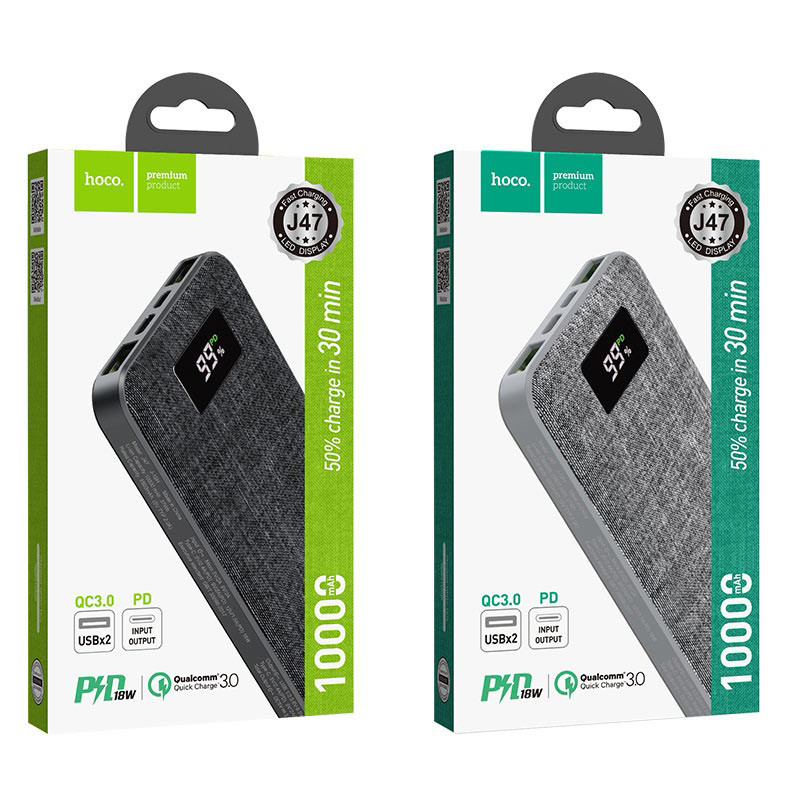 Внешний аккумулятор HOCO J47 10000mAh, PD, QC3.0, 2 USB выхода, Type-C, дисплей, 3.0A