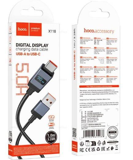 USB кабель для TYPE-C HOCO X118 Generous Type-C, 5A, LED дисплей, 1м, нейлон