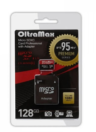 Карта памяти 128Gb MicroSDXC OltraMax, Elite, Class10, UHS-I Premium (U3) SD 95 MB/s, с адаптером