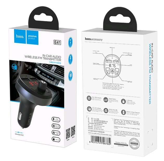 FM-модулятор BLUETOOTH HOCO E41. АЗУ на 2 USB 2.1A