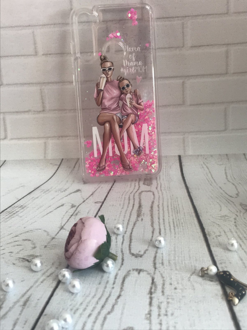 Накладка для SAMSUNG A515F A51, Жидкие блестки, сердечки, Девушка с дочкой с коктейлем