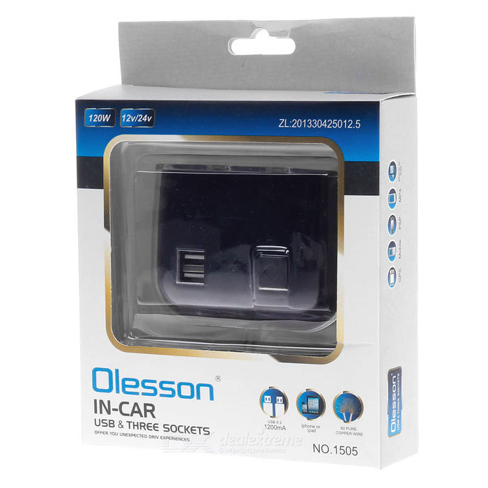 Переходник в прикуриватель (1505) на 3 ЗУ + 2USB. с тумблером. Olesson