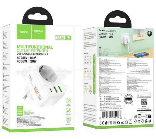 Переходник HOCO AC26 3в1, 1розетка EU, 2USB 3A, Type C PD20W