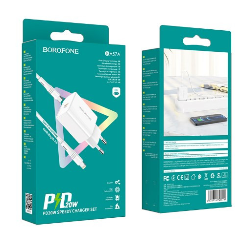 СЗУ BOROFONE BA57A PD + Quick Charge 3.0 Type-C 3A + кабель Lightning-Type-C