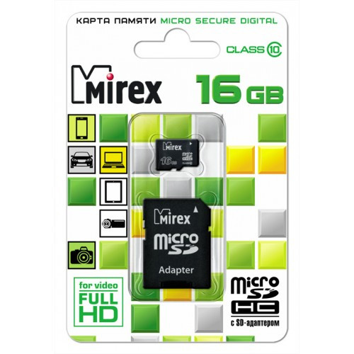 Карта памяти 16Gb Micro SD Mirex, Class10, без адаптера