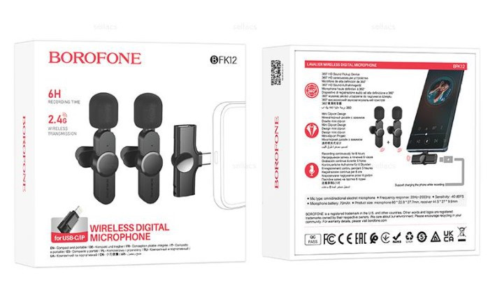 Микрофон петличка беспроводной 2в1 Type-C+Lightning Borofone BFK12