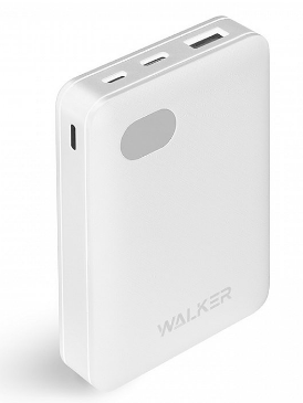 Внешний аккумулятор Walker WB-311, 10000 mAh, Li-Pol, 2.1A вх/вых, Type-C, Lightning, дисплей, пластик, белый