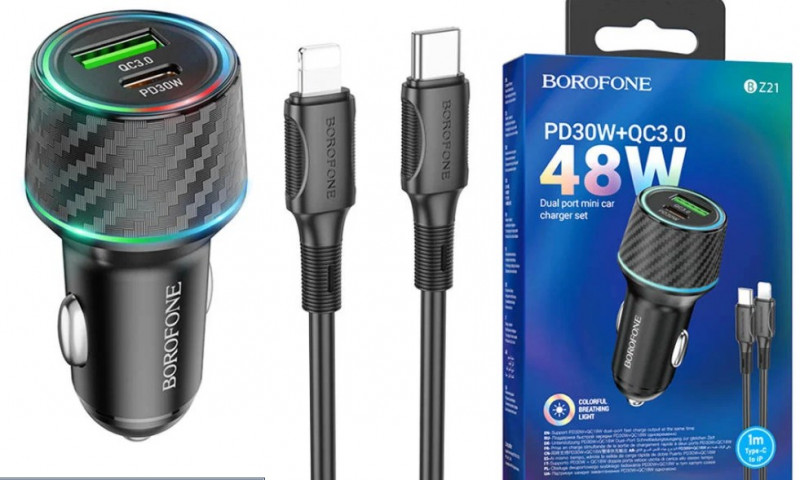 АЗУ BOROFONE BZ21, 48W QC 3.0 с кабелем Type-C- lightning