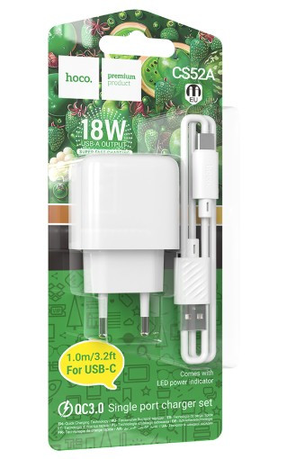 СЗУ HOCO CS52A Surplus 1USB с кабелем USB  Type C, 18W