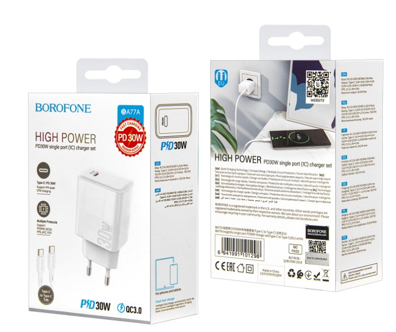 СЗУ USB Type-C Borofone, BA77A,  Resource PD30W+ QC 3.0Type-C,на Type-C,