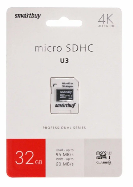 Карта памяти 32Gb MicroSDHC SmartBuy. U3, V30 A1, 90/55 MB/s, Class 10 с адаптером