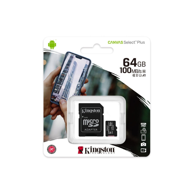 Карта памяти 64Gb MicroSDHC Kingston, Canvas Select Plus, Class10, 100Mb/s, с адаптера