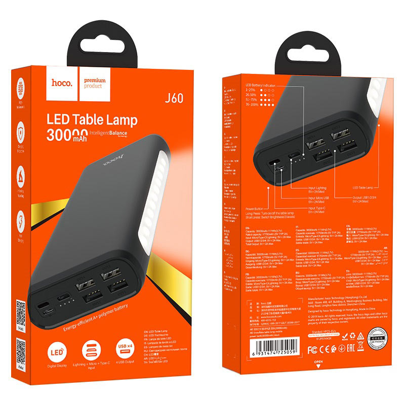 Внешний аккумулятор HOCO J60 30000 mAh 4 USB, micro USB, Type-C